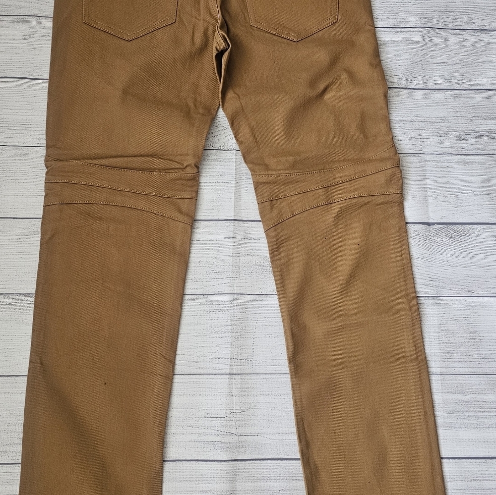 Men's Slim Straight Fit Biker Style Denim Jeans In Wheat/Timber - Picture 12 of 13